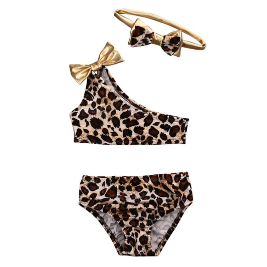 Baby Girls Leopard Off-shoulder Bow Bikini Set 3 Pcs Swimwear Swimsuit eprolo
